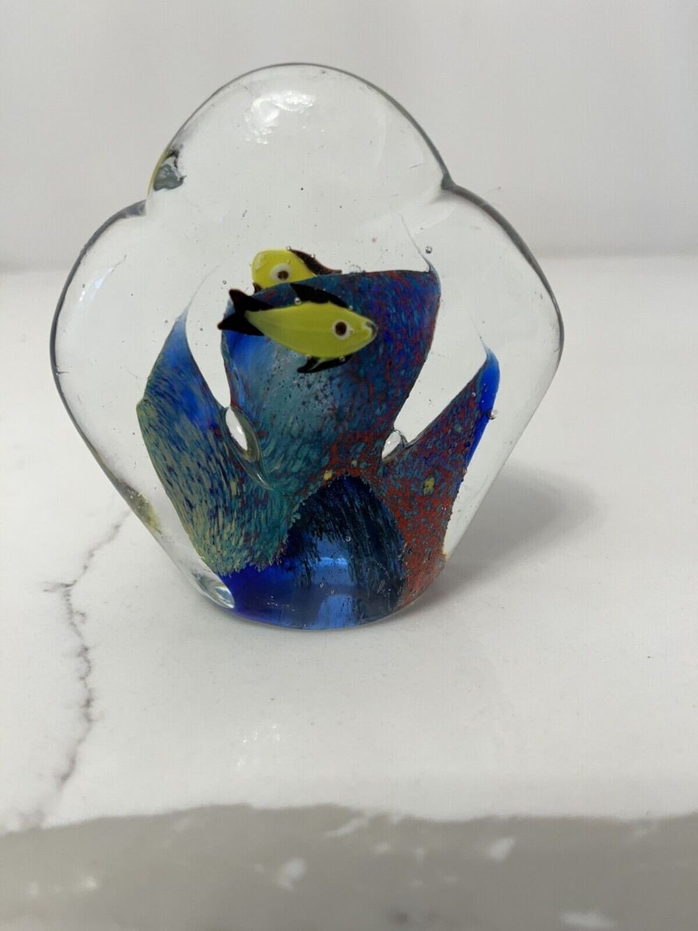 Paperweight Art Glass Yellow Fish Underwater in Cobalt Blue Sea Murano Style 4"